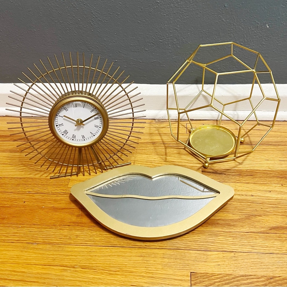 Like New Home Goods Lot Gold Clock, Lip Mirror, Abstract Candle Holder